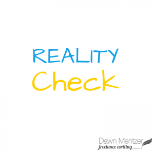 Words "Reality Check" In blue and yellow on white background