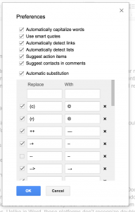 Preferences settings in Google Docs