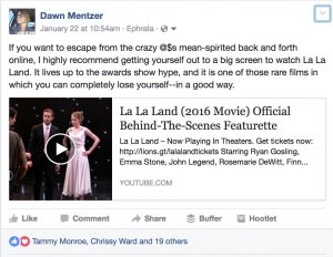 Screen shot of Dawn Mentzer's Facebook post about movie La La Land